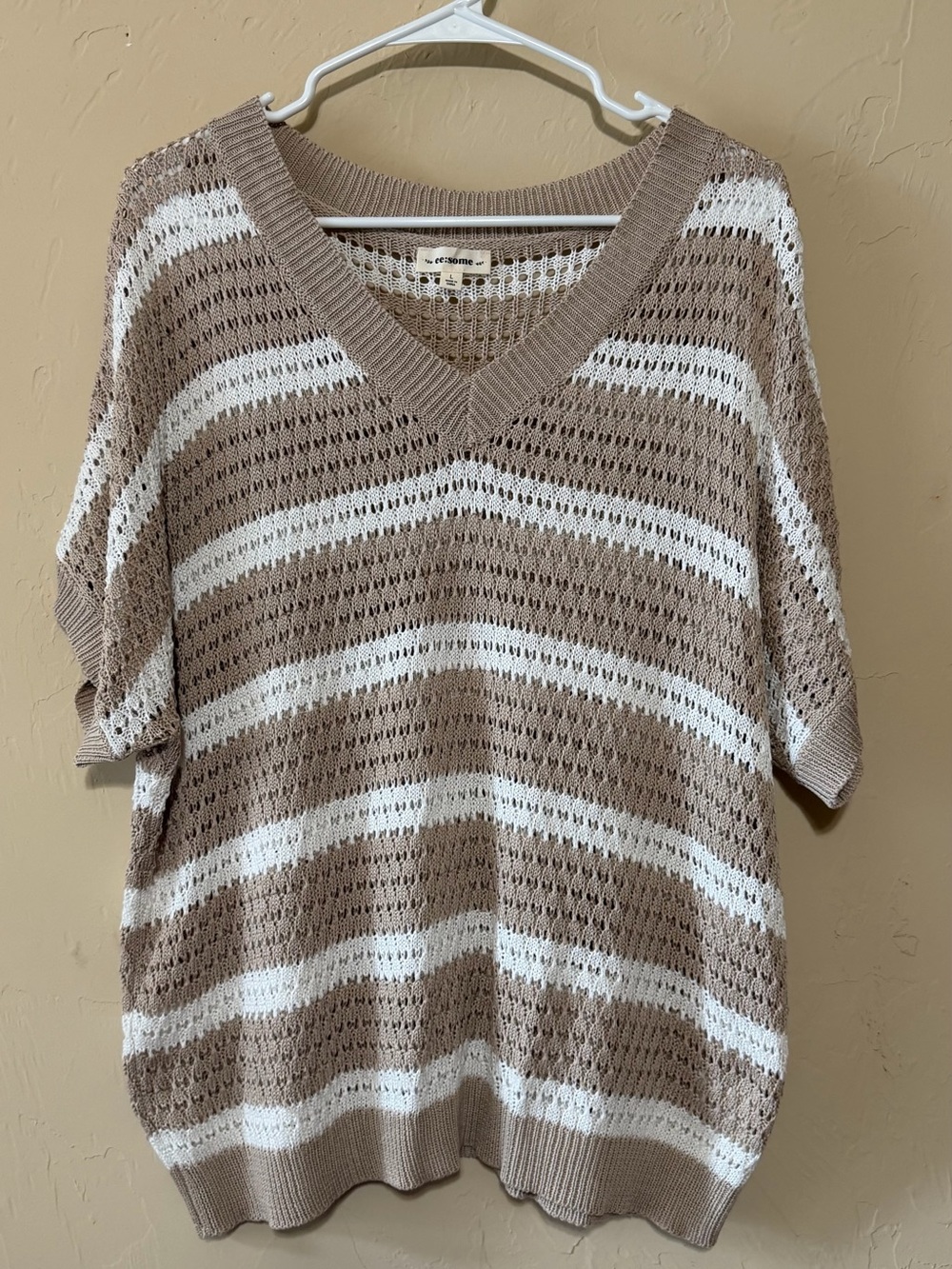 eesome Taupe and White Striped Open-Knit V-Neck Sweater